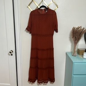 Dreaming of You Rust Orange Swiss Dot Midi Dress